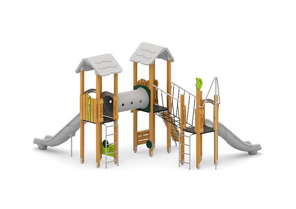 2-Turm mit Rutsche, Tunnel und Seilbrücke