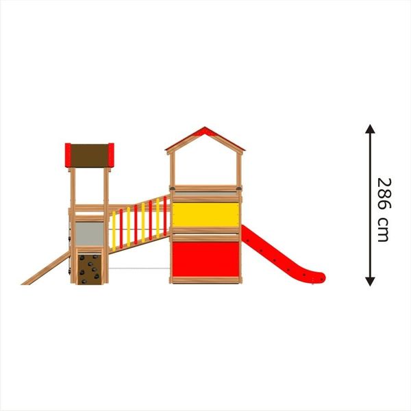 Spielturm, Kletterturm, Schaukelbrücke, Rutsche, Holzspielgerät