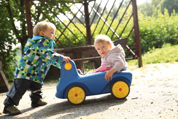 Spielzeugauto, Rutschfahrzeug, Kinderwagen, Gelb, Blau