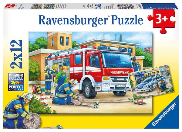 RAVENSBURGER Puzzle Polizei und Feuerwehr, 2 x 12 Teile & Miniposter-Vorlage, ab 3 Jahre