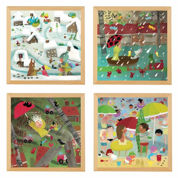 Winter village, Snowy landscape, Framed art, Children illustration, Colorful scene