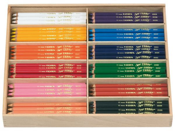 Kreidestifte, Buntstifte, Farbstifte, Holzbox, Schriftset