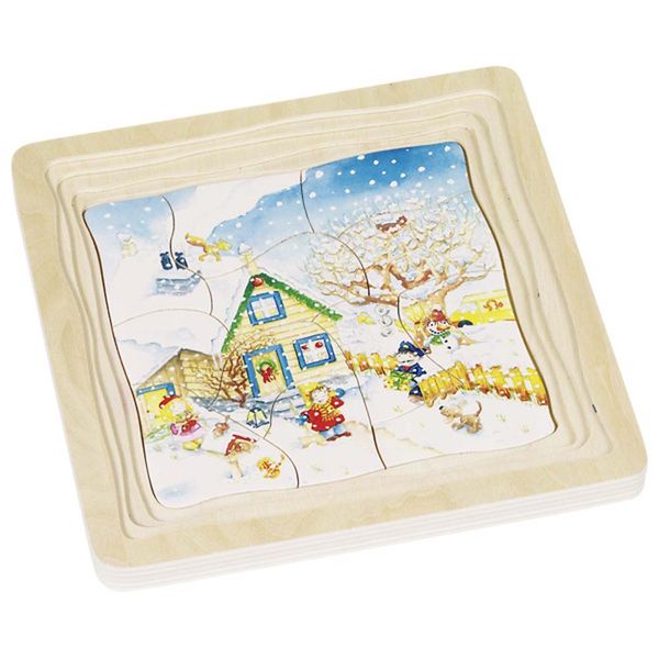 Holzpuzzle, Winter, Haus, Schneemann, Familie