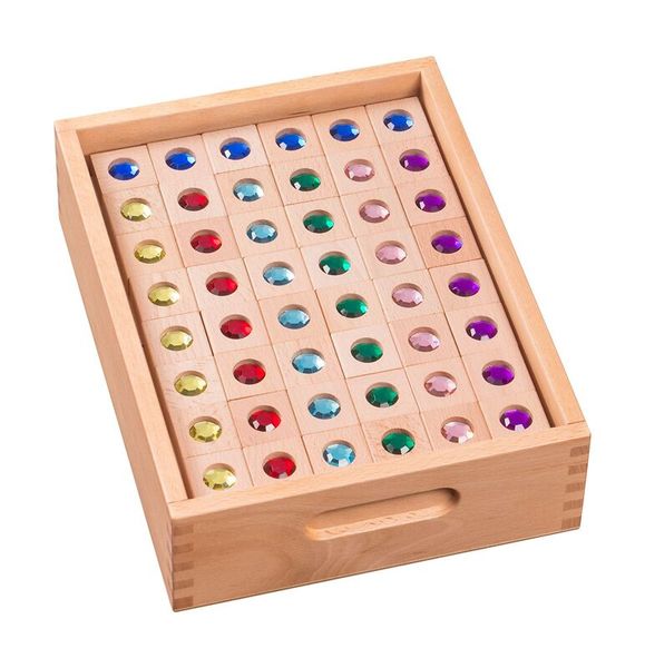 Holzboxe, Bunte Glassteine, Sortierkasten, Puzzlespiel, Kinderfarben