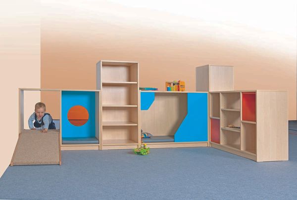 Kleinst-Kletterhaus, Kinderregal, Spielmöbel, Holzregal, Bausteinbereich