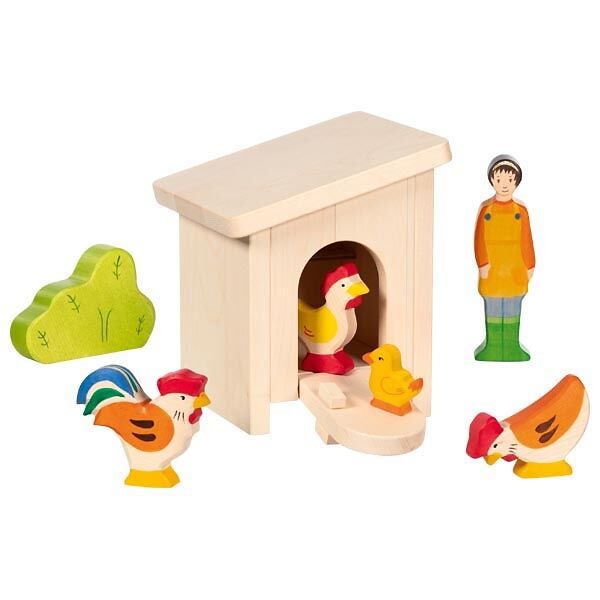 GOKI Kleiner Stall mit Hühnern, montiert mit 6 Figuren, ab 3 Jahre GOKI Kleiner Stall mit Hühnern, montiert mit 6 Figuren, ab 3 Jahre