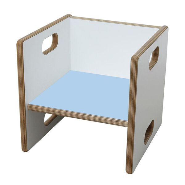 Kinderstuhl, Kleinkindstuhl, Holzplatte, blaues Sitzbrett, Locher Lochungen