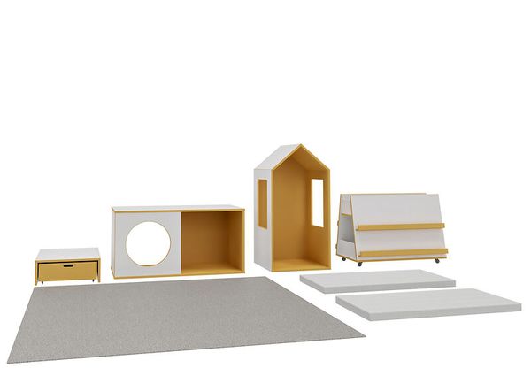 DECOR Leseecke - 2 Häuser,1  Podest mit Rollkiste, Kasten, Matten, Bücherwagen und Teppich für Krippen- und Kindergartengruppen