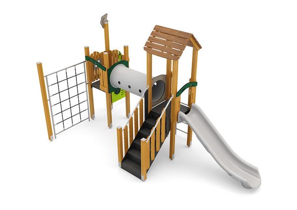 Turm mit Rutsche, Treppe, Tunnel und Kletternetz