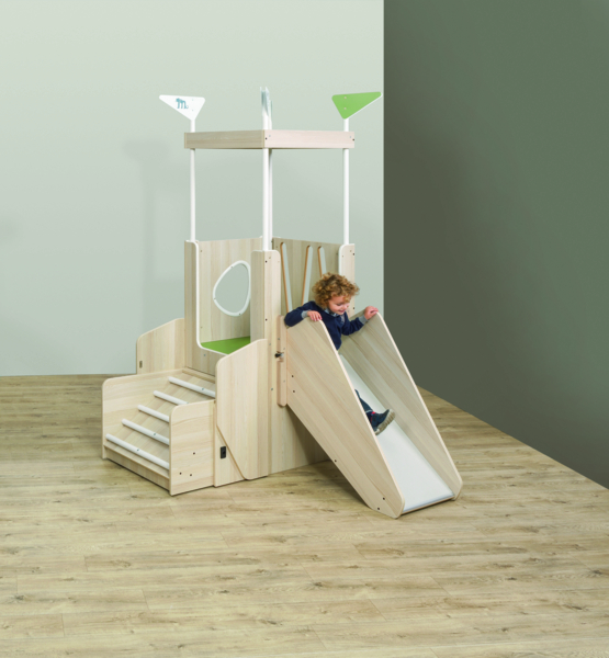MATHOU Mobiles & platzsparendes Spielpodest mit Treppe oder Aufstieg & Rutsche, versch. Farben, ab 18 Monaten