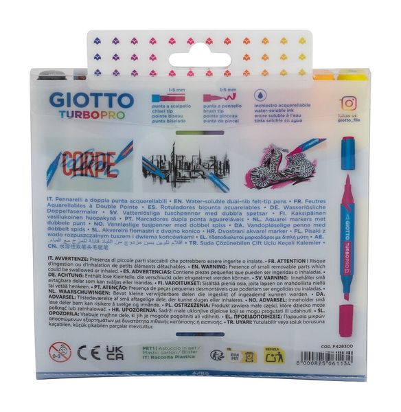 GIOTTO Turbo Pro, 10 Stifte in 10 Primärfarben, Doppelfasermaler mit Pinsel- und Keil-Spitze