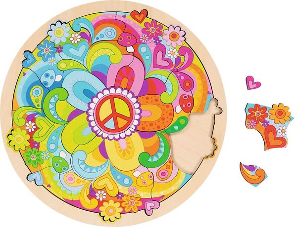 Puzzle, Holz, bunt, Blume, Friedenszeichen