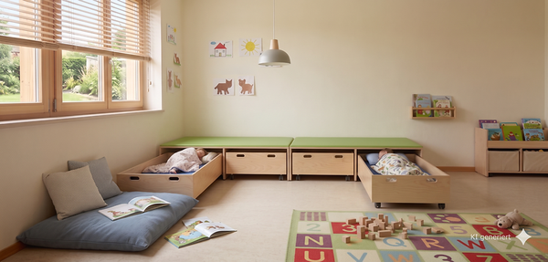 Kinderzimmer, Spielteppich, Holzbett, Kissen, Bettkasten
