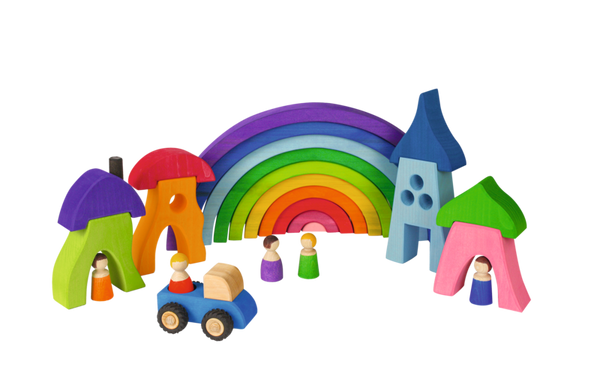 Holzspielzeug, Baukasten, Regenbogen, Bunte Häuser, Miniaturfahrzeug