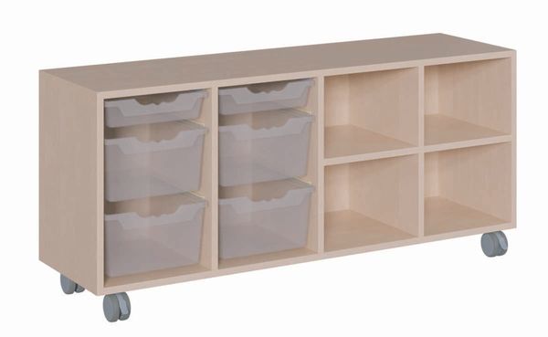 Regal fahrbar mit 2 flachen und 4 hohen ErgoTray Boxen, rechts Regal (BxHxT: 139 x 62,5 x 40 cm)