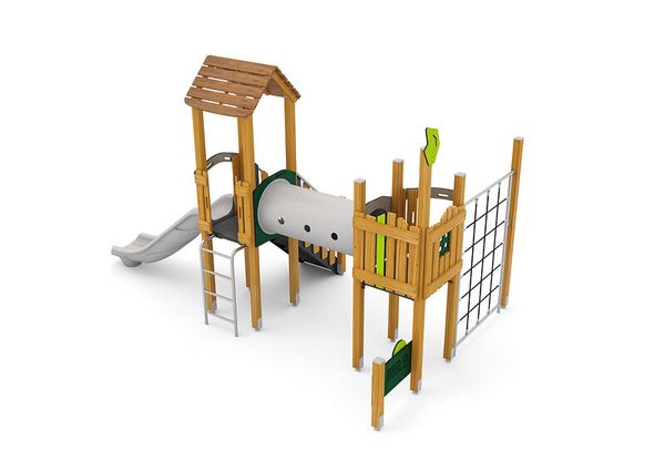 Turm mit Rutsche, Treppe, Tunnel und Kletternetz