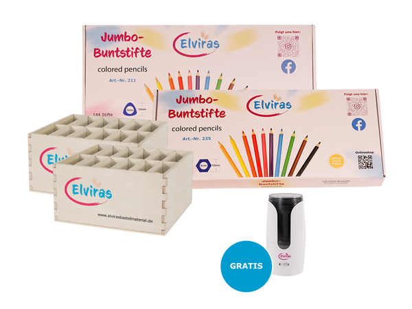 ELVIRAS Jumbo Tri- & Hex-Buntstift-Komplettset (288 Stifte) mit 2 Holzaufstellern + Gratis Spitzmaschine