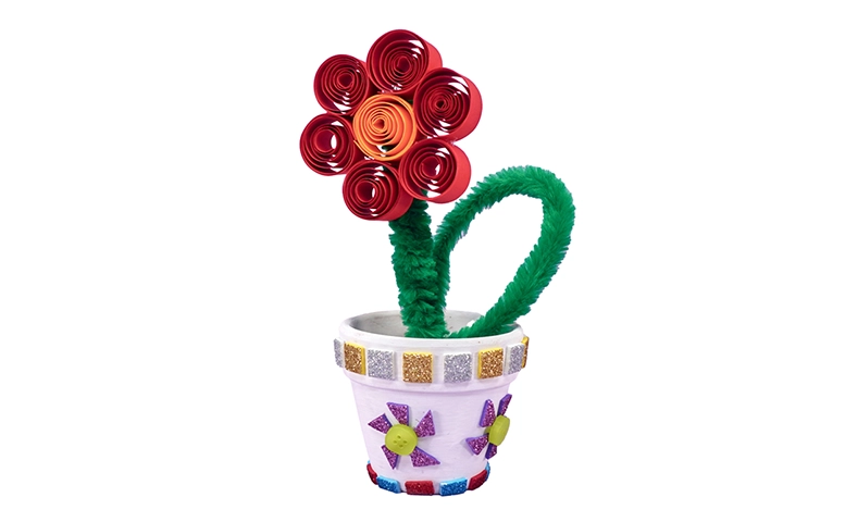 Titelbilder der Bastelanleitung für eine Quilling Blume im Topf