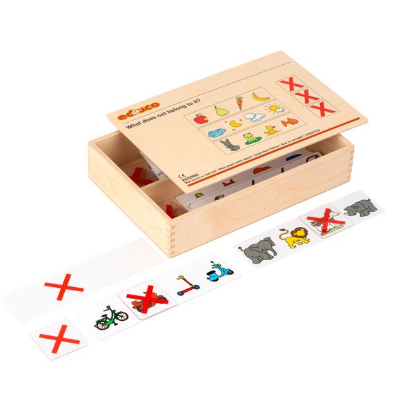 holzbox, bildungsspiel, memospiel, sortierkarten, farbige symbole