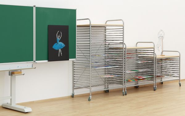 klassenraum, tafeltafel?, rollwagen, ballett, regal