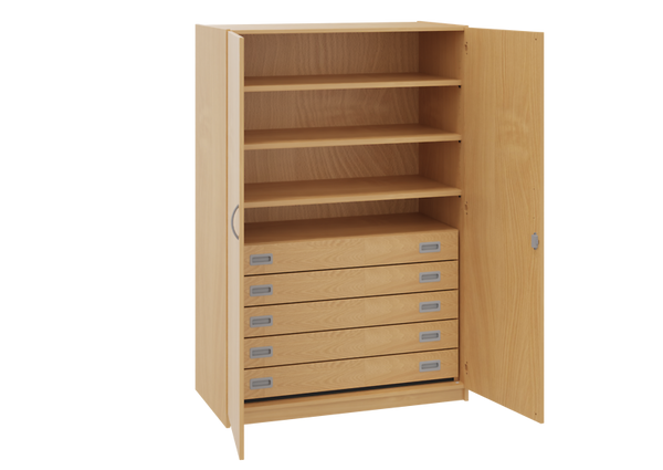 Holzschrank, Drehtüren, Regalfächer, Schubladen, Holzoptik