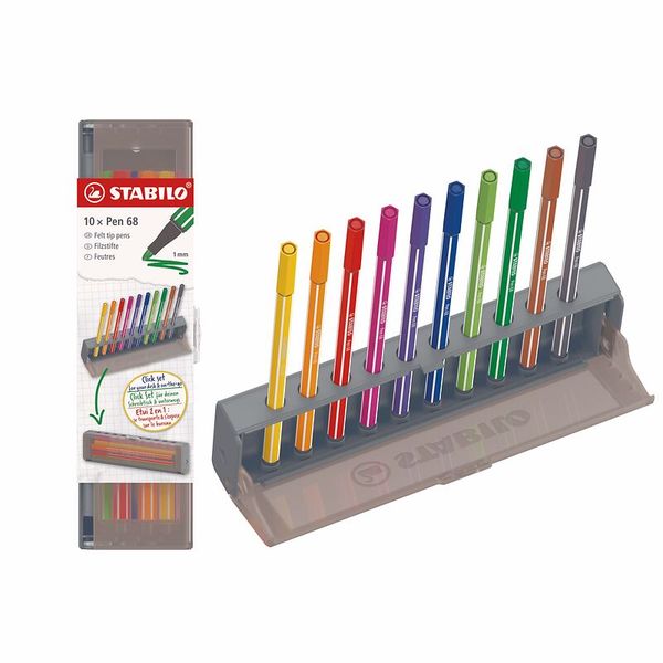 STABILO Premium Filzstift Pen68 im 10er Click-Set, zum aufstellen, 10 Farben