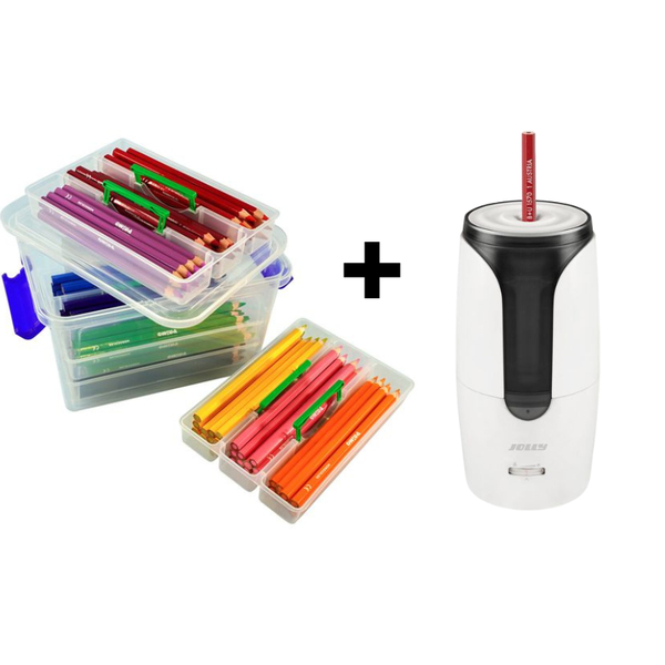 JOLLY X Big Hexagonal-Buntstifte Set, Aufbewahrungsbox mit 96 Stiften und elektrischem Spitzer Herbert JOLLY X Big Hexagonal-Buntstifte Set, Aufbewahrungsbox mit 96 Stiften und elektrischem Spitzer Herbert