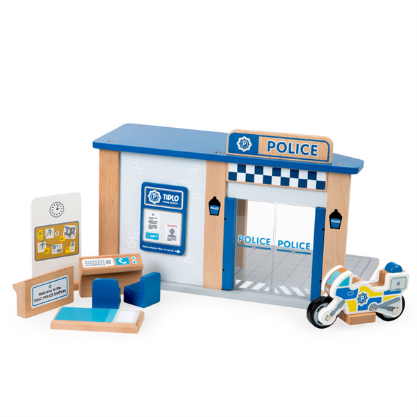 Polizei-Station, Spielzeug, Holzspielzeug, Motorrad, Blaue Akzente