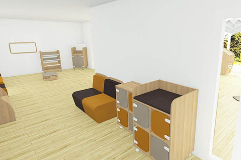 Raum mit Wickeltisch und Sitzmöglichkeiten im Kindergarten