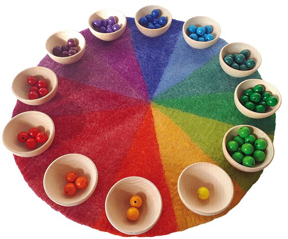 Farbenkegel, Farbenkreisel, Kugeln, Holzbecher, Spielzylinder