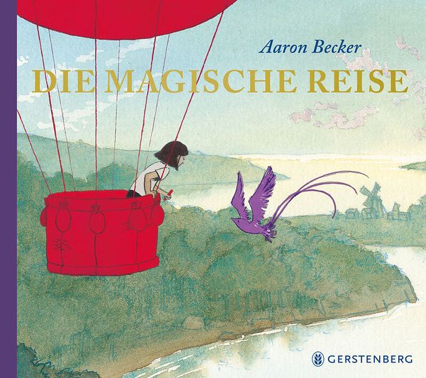 heiße luftballon, ballonkorb, lila vogel, landschaft, buchrücken/cover