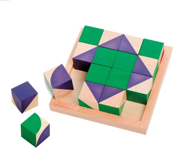Holzspielzeug, Würfel, Puzzle, Quadrate, mehrfarbig