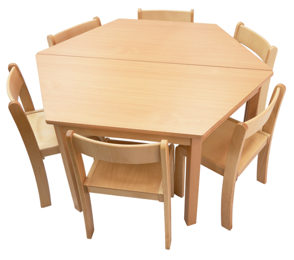 Tisch-Stuhl-Kombination Trapez, Dekor Buche,  Sitzhöhe 30 cm / Tischhöhe 52 cm (SONDERANGEBOT)