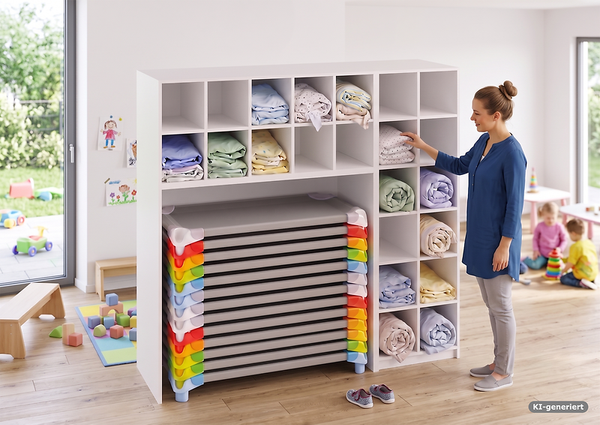 Schrank für Stapelliegen mit Fächer oben + rechts, Farbe wählbar