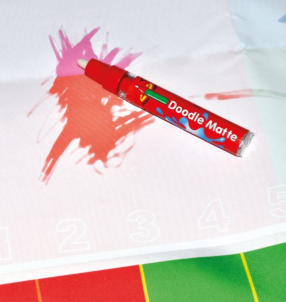 doodle mat, pink accents, marker, red marker, art desk