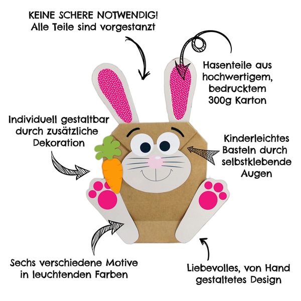 Osterhasentüten, 12 Stück, bunt gemischt - Bastelset (SONDERANGEBOT)