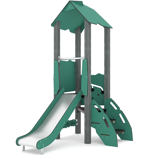 Spielgerät, Kletterturm, Rutsche, Metallkonstruktion, Grünes Spielgerät