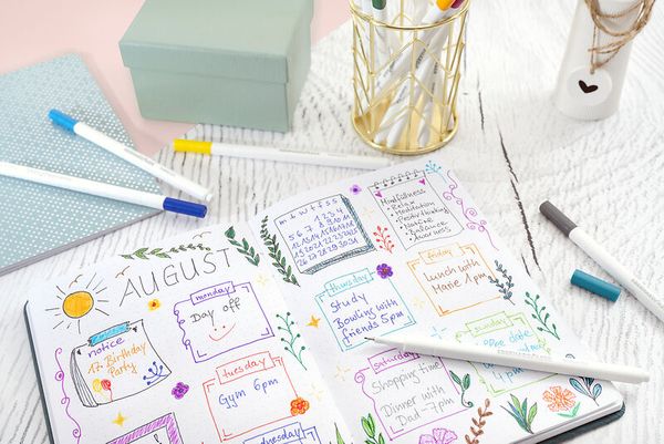 Terminkalender, Planer, Notizbuch, Sticker, Stifte