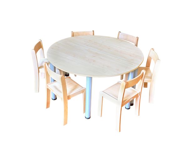 Tisch-Stuhl-Kombination Rund zargenlos, Ahorn Dekor, Metallbeine feststehend Tisch-Stuhl-Kombination Rund zargenlos, Ahorn Dekor, Metallbeine feststehend