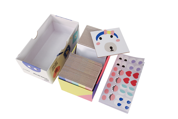 box, stationery, stickers, notebook, art supplies
