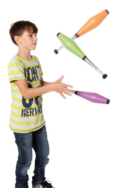 Juggling clubs, Juggling set, Colored clubs, Kid with clubs, Throwing clubs
