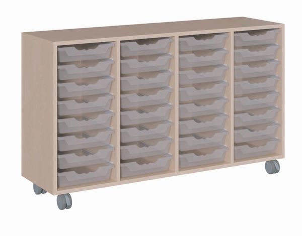 Regal fahrbar mit 32 flachen ErgoTray Boxen (B/H/T: 139 x 82,5 x 40 cm)