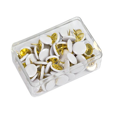 Pushpins, Reißzwecken, weiße Köpfe, goldene Spitzen, Aufbewahrungsbox