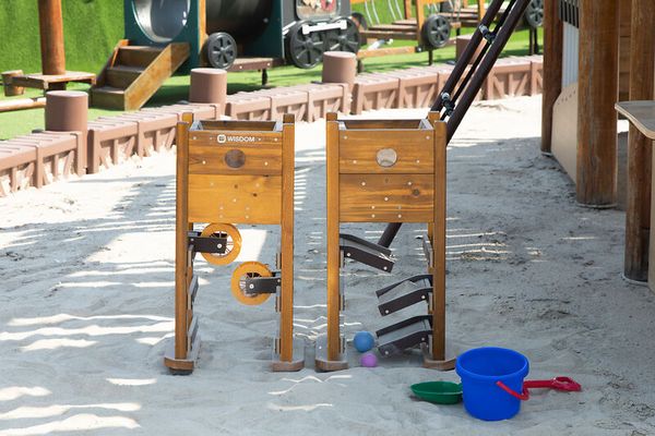 Kiosk-Greifer, Schaukelbahn, Holzspielgerät, Sandkastenzugbedienung, Kugelschale