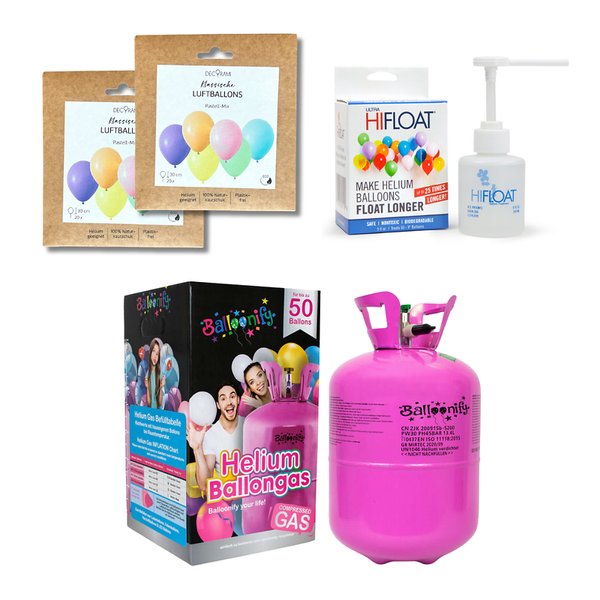 Helium-Set Party inkl. 40 Pastell Luftballons & Hi-Float Spezialkleber