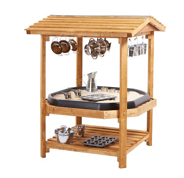 Kochstation, Outdoor-Kochstelle, Grilltisch, Holzgestell, Kochutensilien