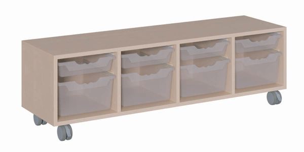 low cabinet, storage unit, 4-drawer, plastic bins, wheeled