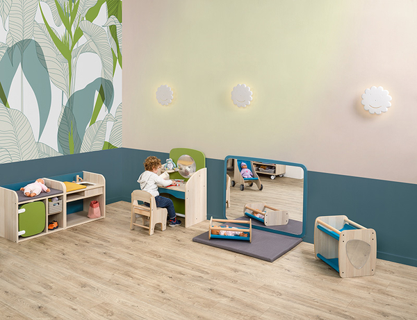 MATHOU Puppenecke-Set mit Puppenwagen, Puppenhochstuhl, Puppenbett und Wickeltisch
