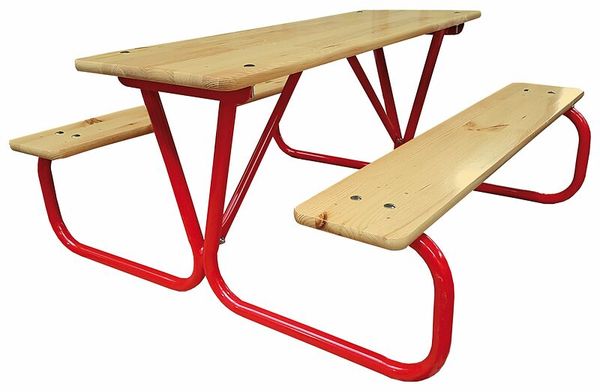 Holzplatte, Sitzbank?, Picknicktisch, Rote Stahlbeine, Holzstamm?
