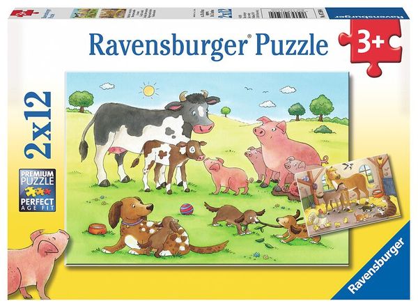 RAVENSBURGER Puzzle Glückliche Tierfamilien, 2 x 12 Teile, ab 3 Jahre